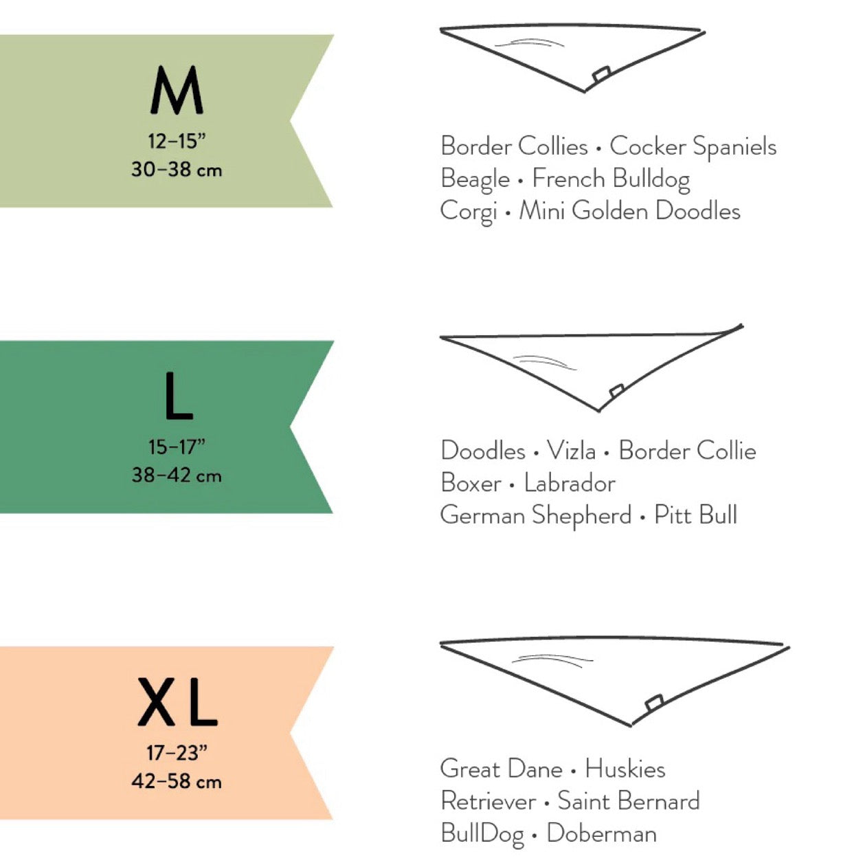 Sizing chart of large sized dog bandanas