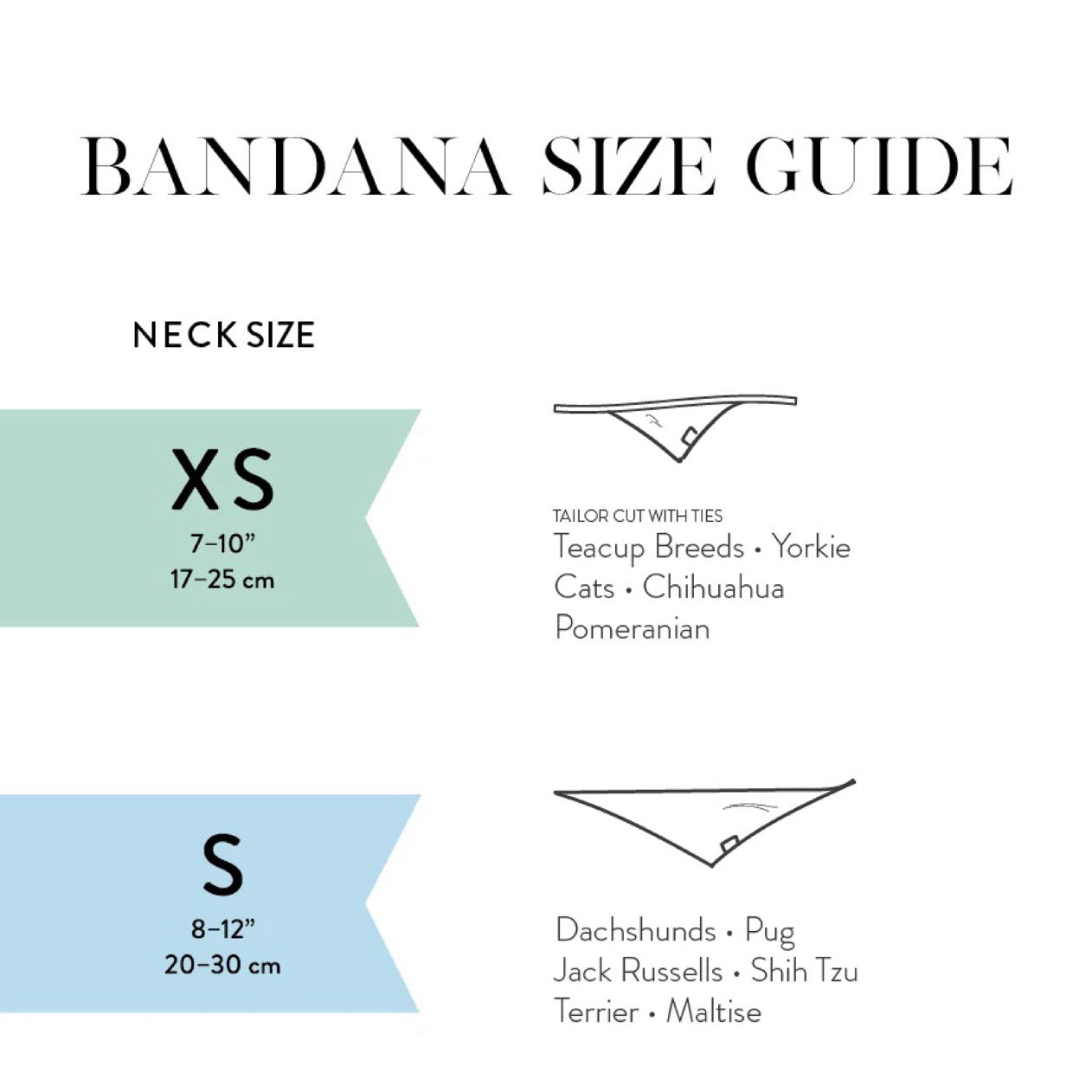 Sizing chart of small sized dog bandana
