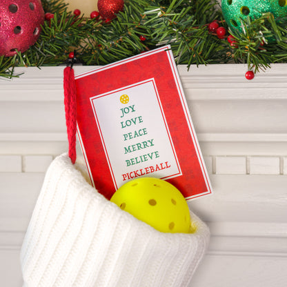 A holiday card that says &quot;Joy Love Peace Merry Believe and Pickleball&quot; on it. The card is sitting in a stocking hanging on a mantle.