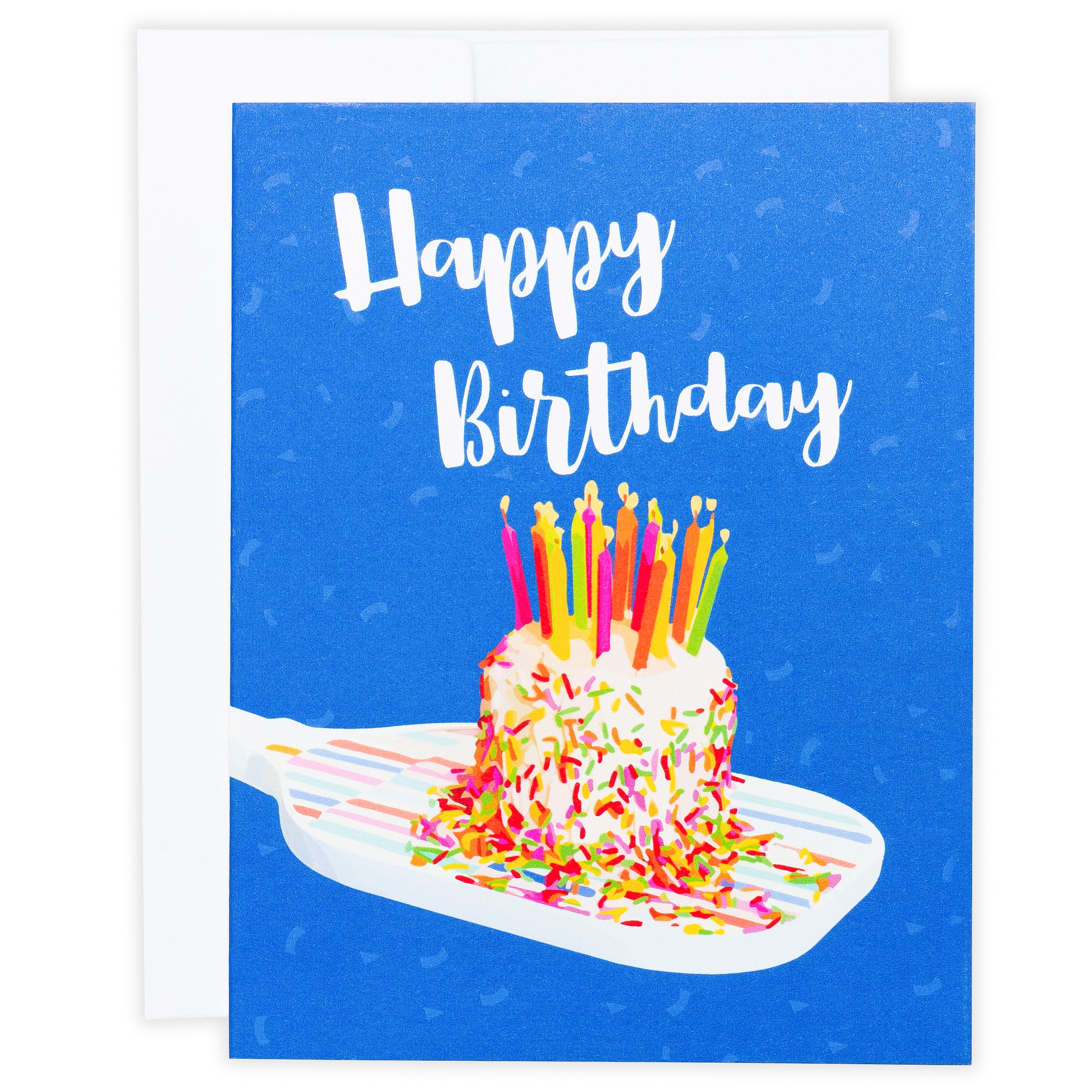 Colorful pickleball themed birthday card with a birthday cake with candles sitting on a pickleball paddle and big bold text that reads Happy Birthday laying flat on a white background.