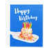 Colorful pickleball themed birthday card with a birthday cake with candles sitting on a pickleball paddle and big bold text that reads Happy Birthday laying flat on a white background.