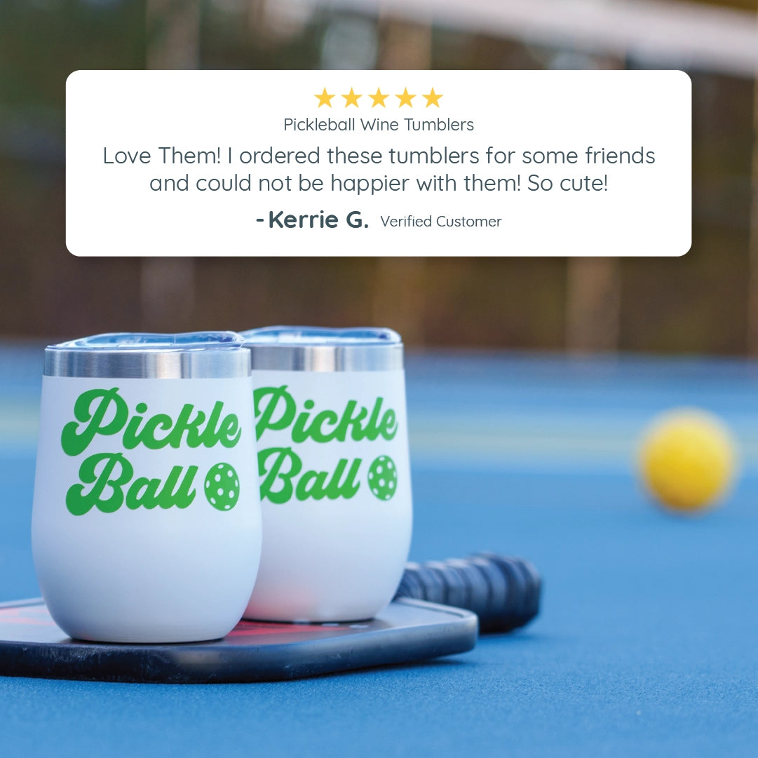 Image of a review of a white tumblers that say pickleball in green text.