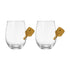 Set of stemless wine glasses with small metal pickleball paddles embedded into the glasses