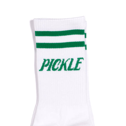 Top of white mid retro calf pickleball socks with green stripes and green text that says &quot;Pickle&quot;