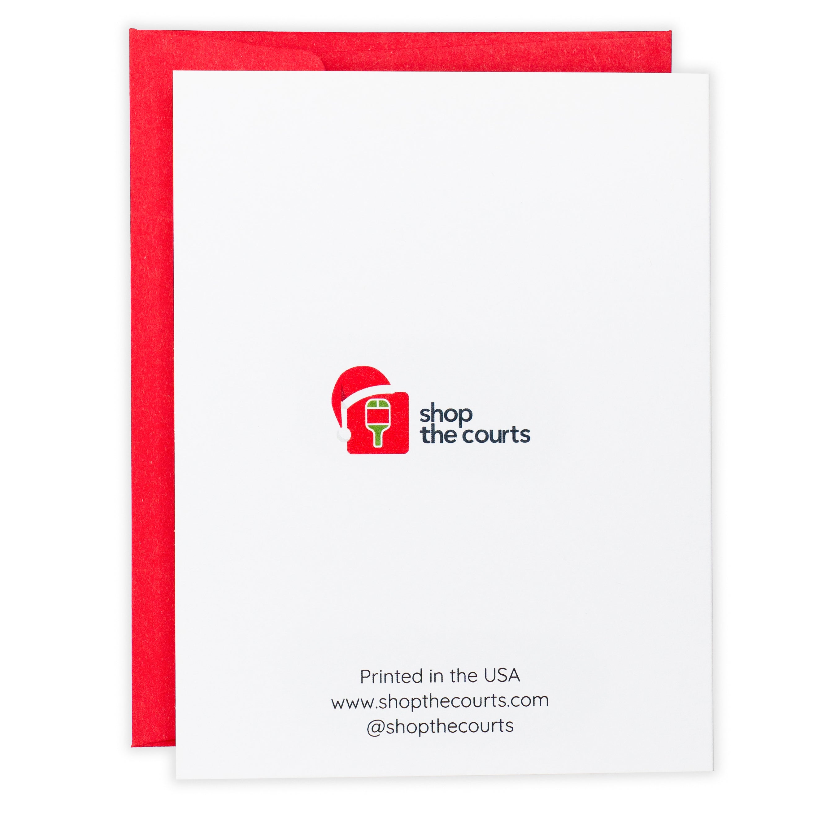 Back of a pickleball themed Christmas greeting card designed by Shop The Courts