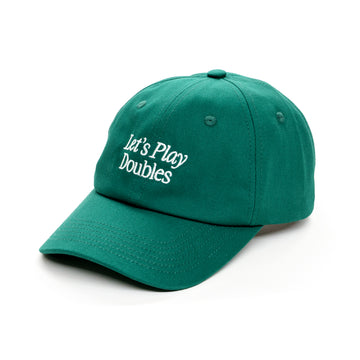 Side view of green baseball hat that says Let's Play Doubles on it
