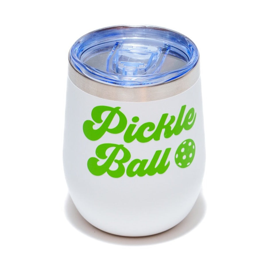 Top of stainless steel white wine tumbler that says "PICKLEBALL" on it in green lettering and has a green pickleball on it
