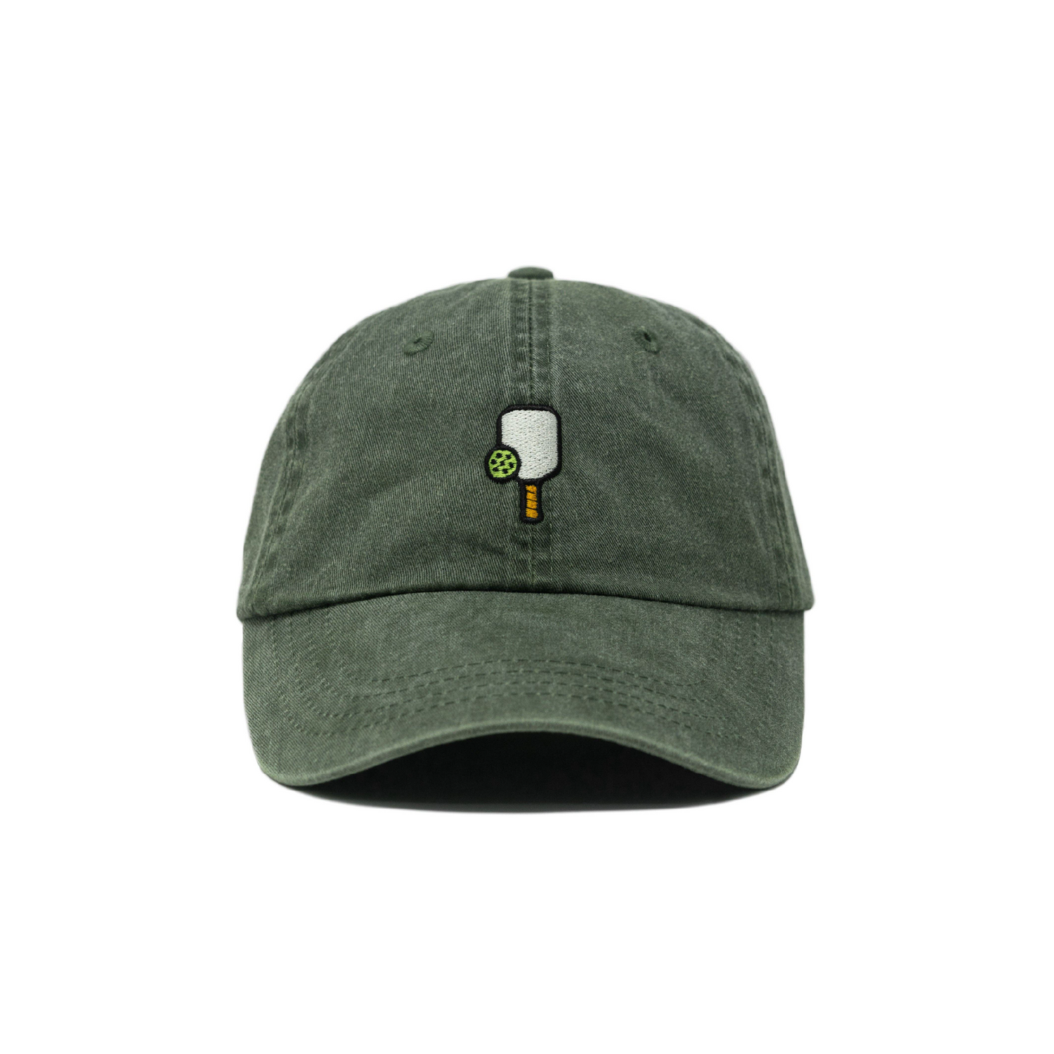Washed green baseball hat with a pickleball paddle and ball embroidered on the front