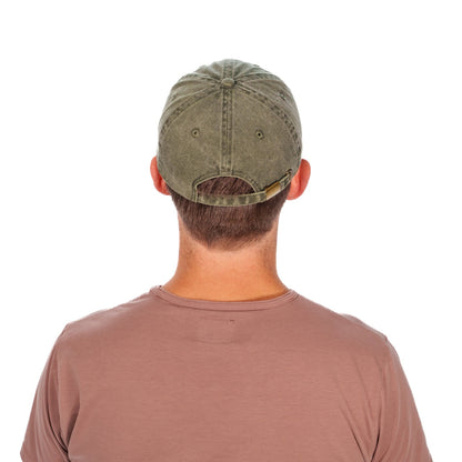 Back of a man wearing a baseball hat with a pickleball paddle and ball embroidered on it